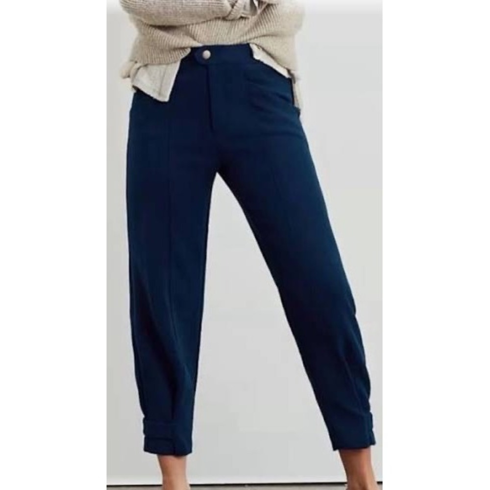 Maeve Anthropologie Marin Navy Blue Herringbone Tapered Ankle Button Pants Sz 10